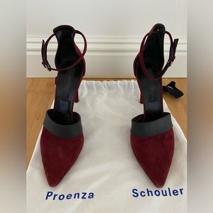 Barely worn Proenza Schouler heels. Suede maroon with a unique gray rubber band